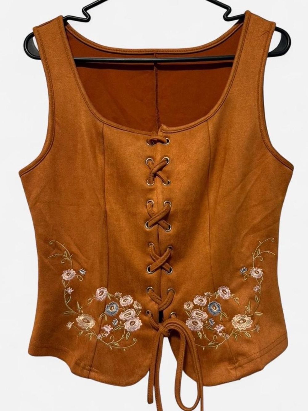 Brown Floral Embroidered Lace-Up Suede-Look Tank Vest Top L - Picture 1 of 3